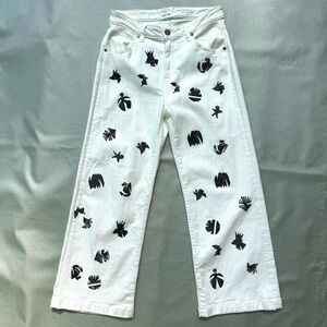 Lola Women’s High Rise Wide Leg Jeans Ivory 29 Stretch Denim Paint Prints